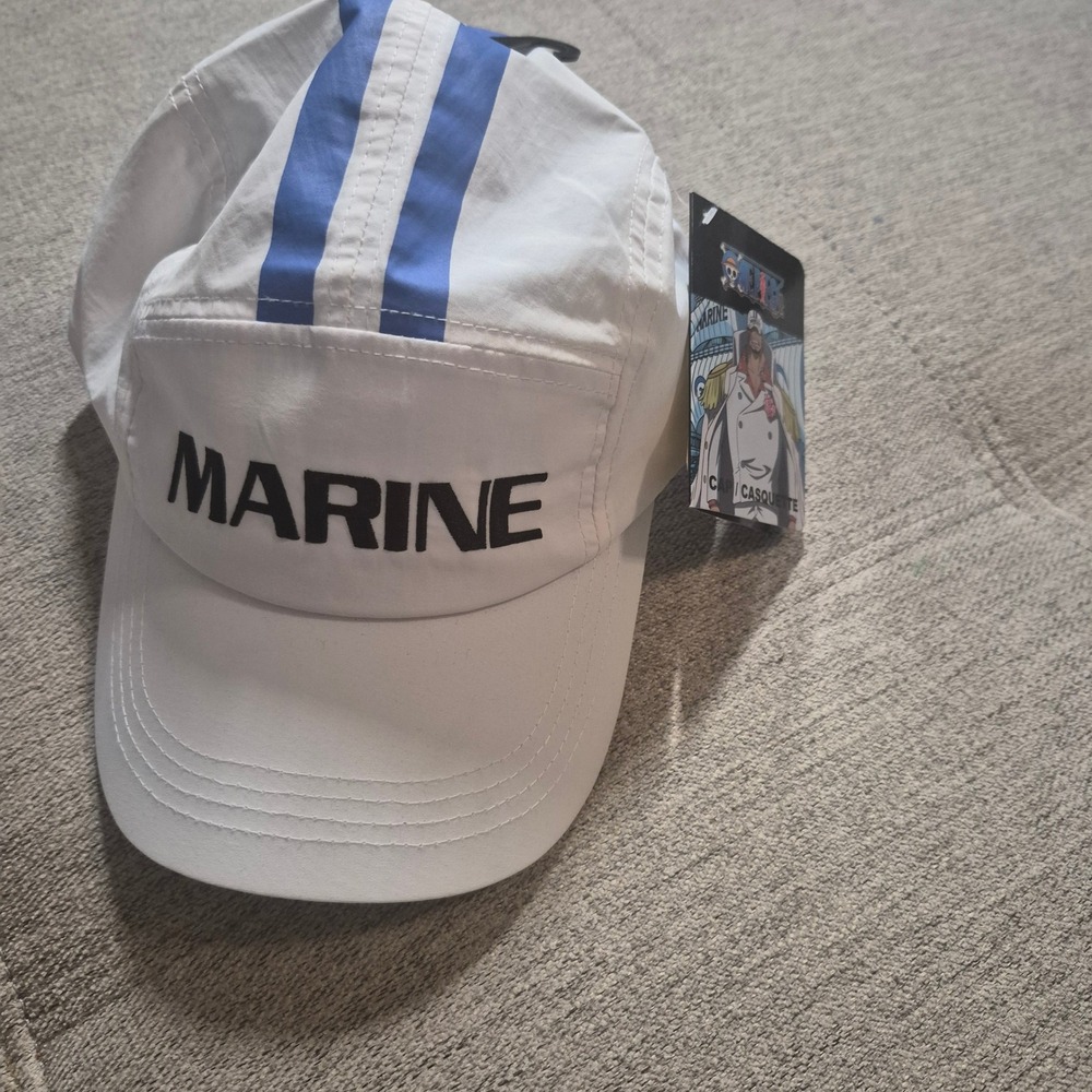 One Piece Marine Anime Hat White Blue Stripe 5 Panel Camper Cap NWT